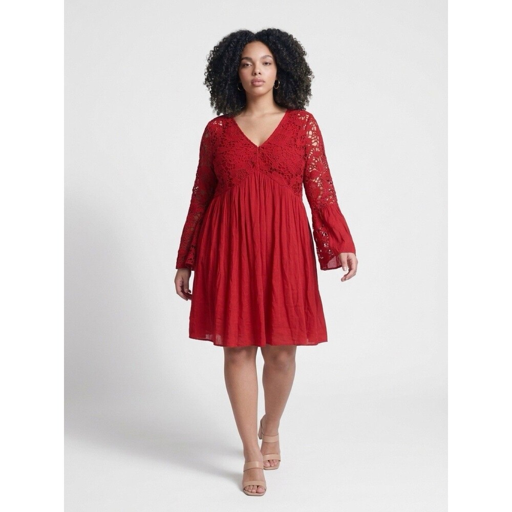 Anthropologie J Gee Womens Lace Babydoll Dress Size XL Red Burgundy Long Sleeve